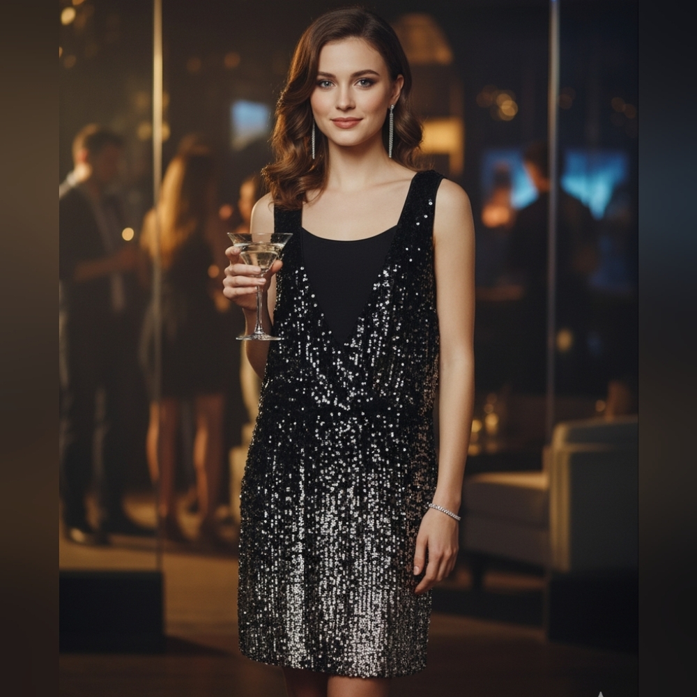 NWOT Tory Burch Glam Drop Waist sequined Black mini dress S